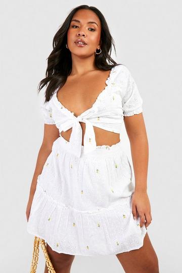 Plus Broderie Tie Front Co-ord white