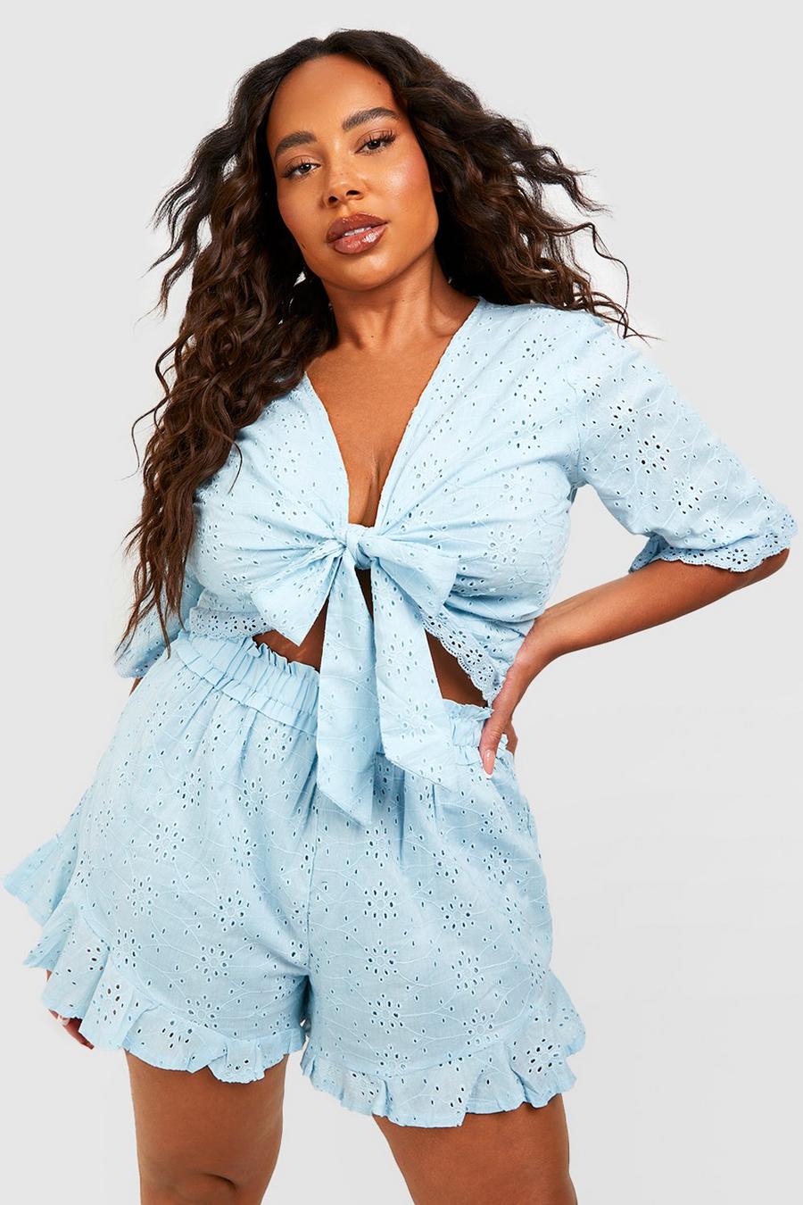 Blue Plus Broderie Tie Front Shorts Co-Ord