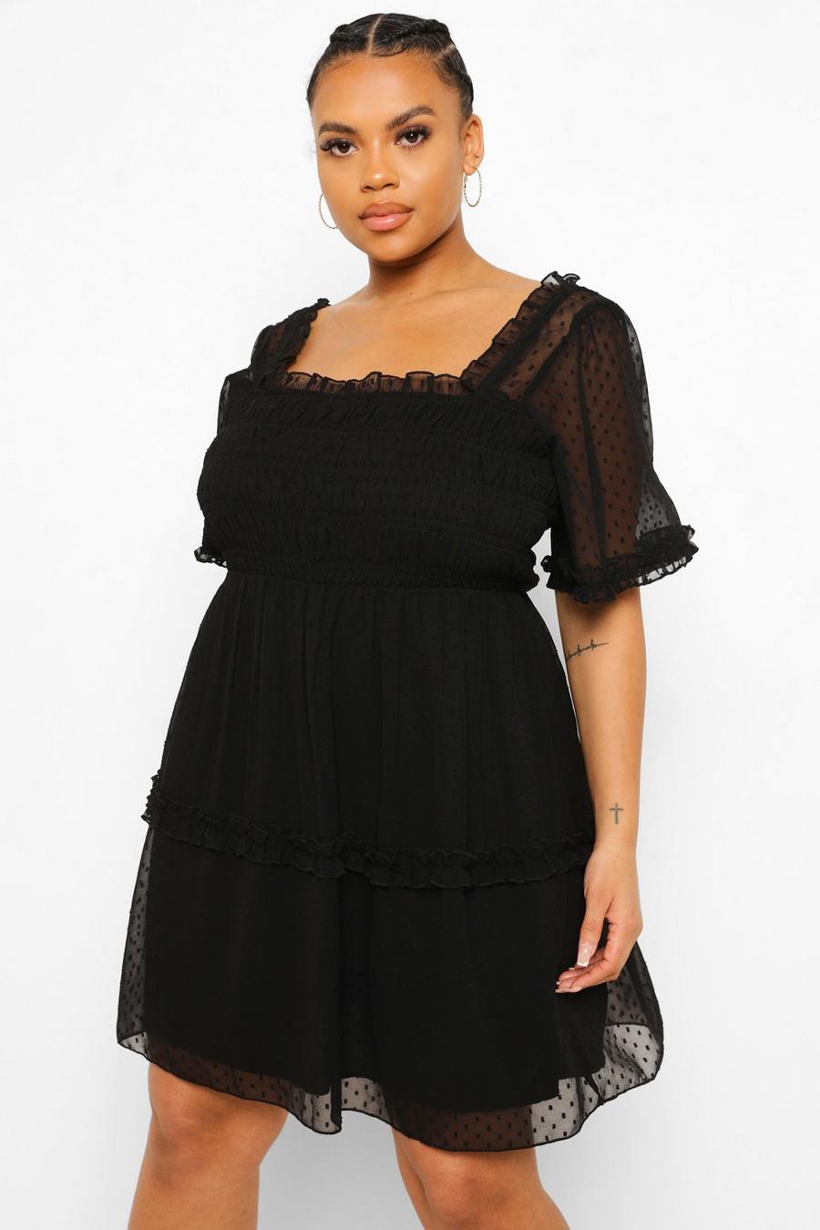 Black Plus Shirred Dobby Chiffon Smock Dress image number 1