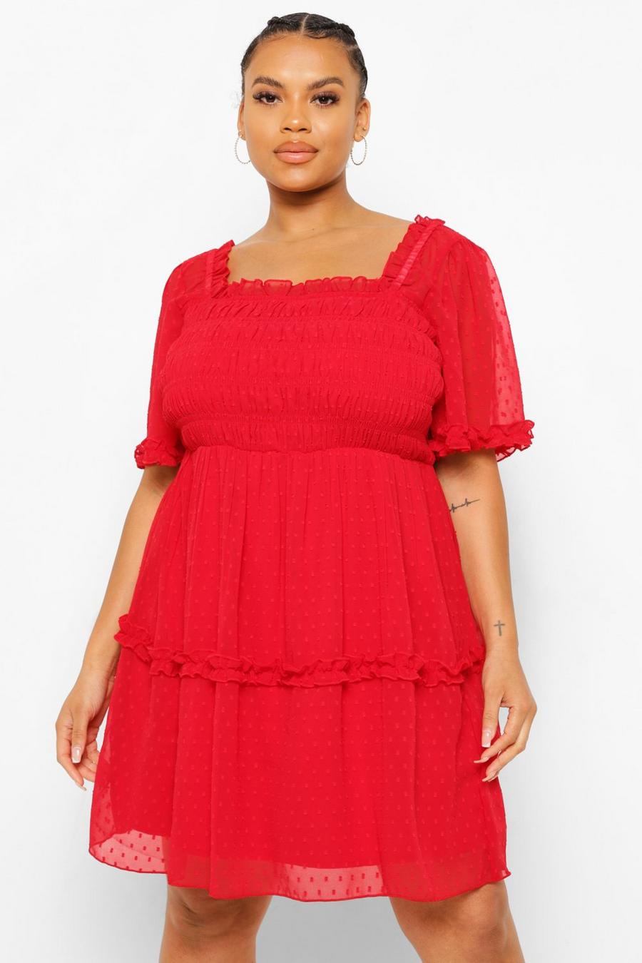 Grande taille - Robe babydoll froncée, Red