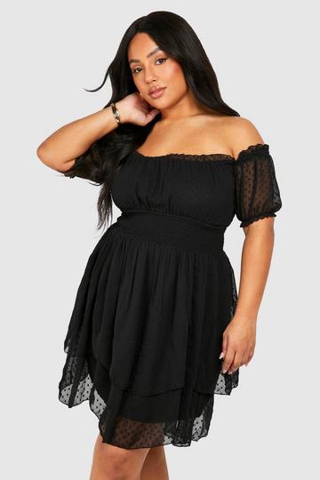 Black Plus Off The Shoulder Dobby Skater Dress