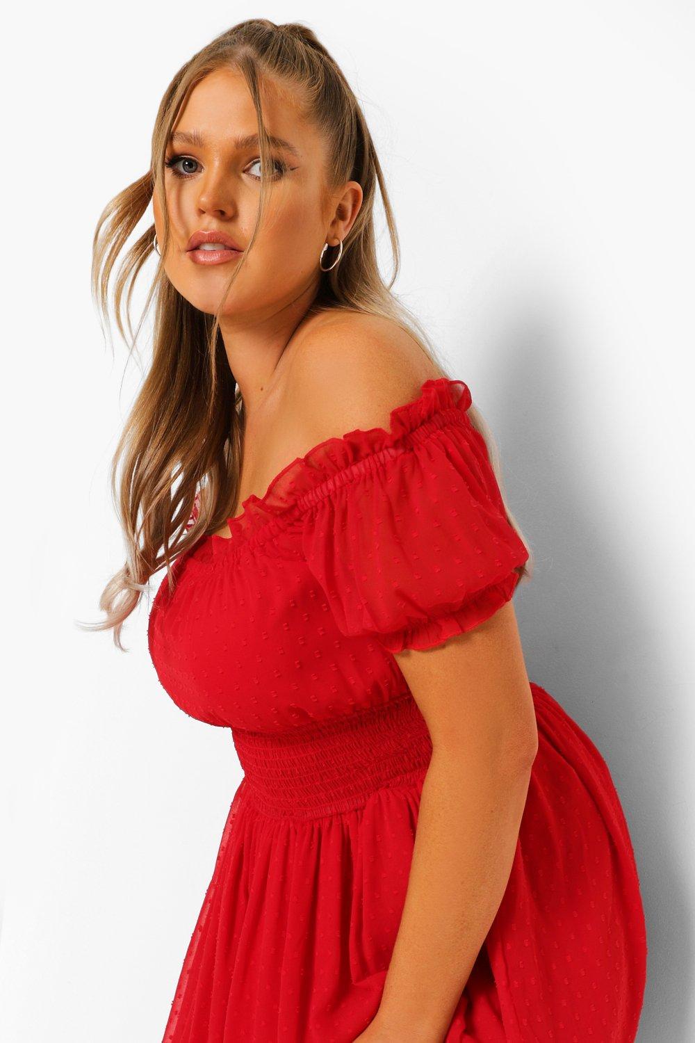 Boohoo red hotsell off shoulder dress