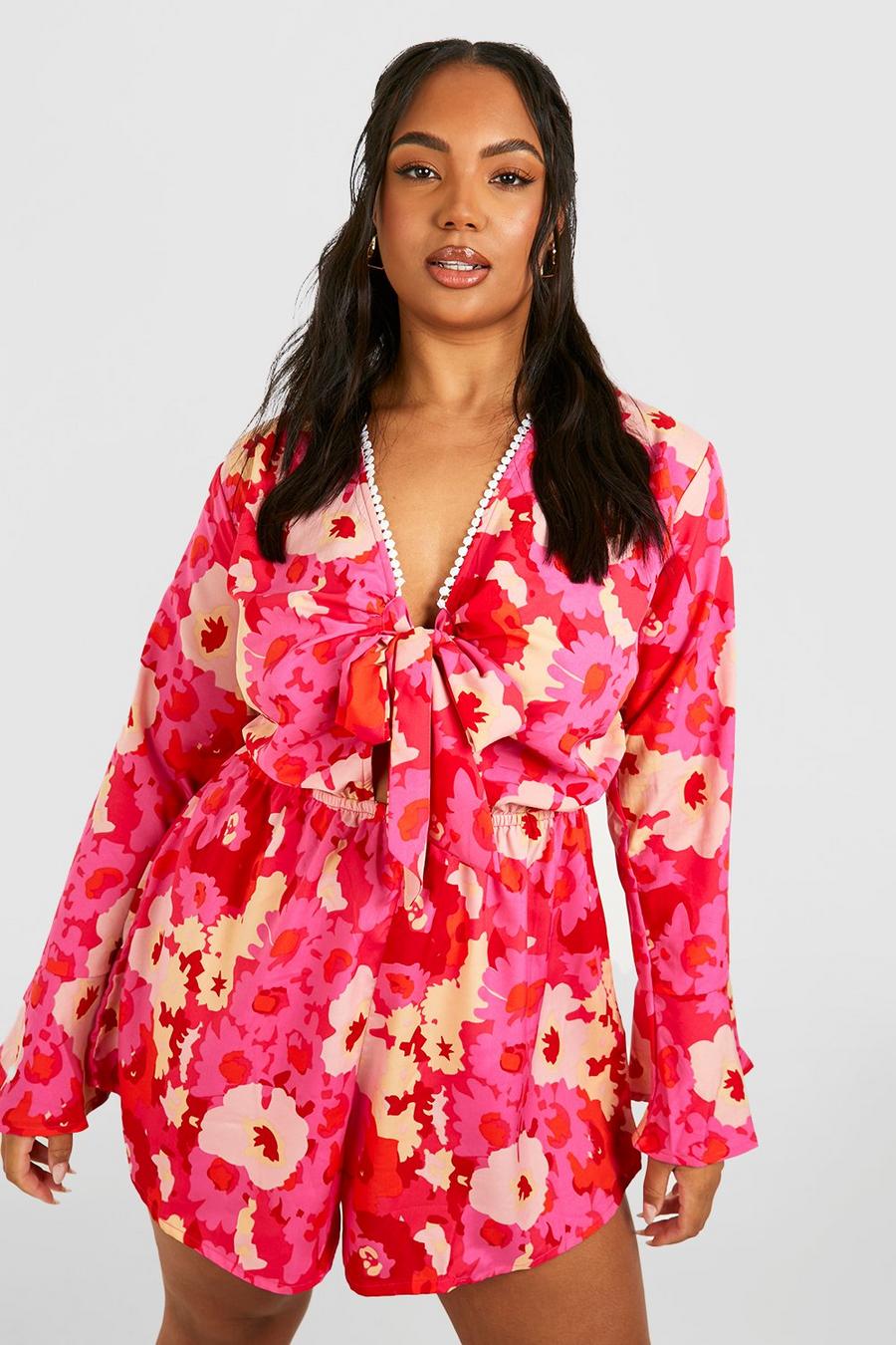 Plus Woven Floral Print Tie Front Playsuit, Pink rosa