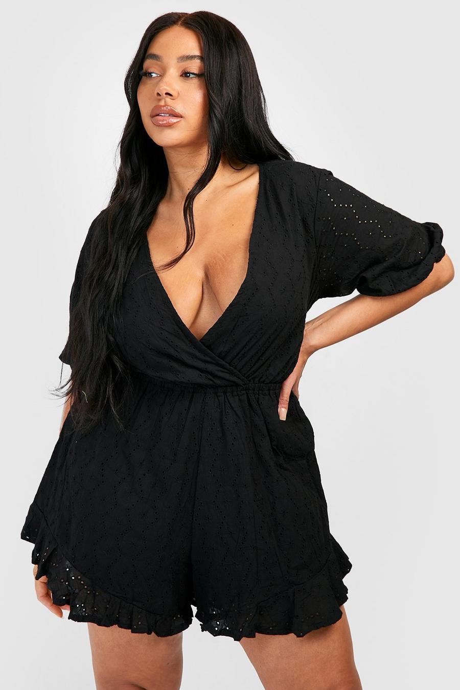 Black Plus Broderie Anglaise Ruffle Playsuit image number 1