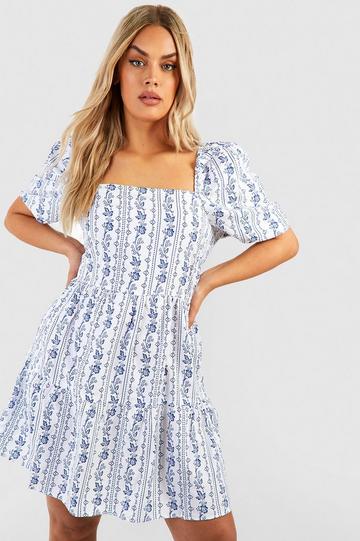 Plus Woven Stripe Floral Smock Dress blue