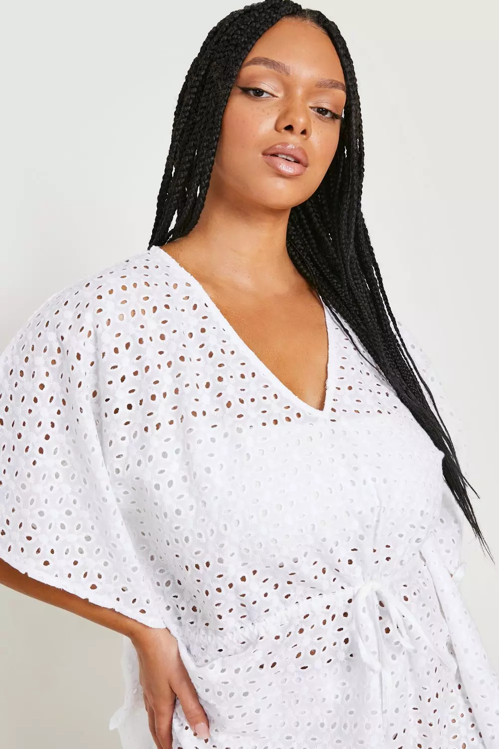 White Plus Broderie Anglaise Drawstring Kaftan alternative image