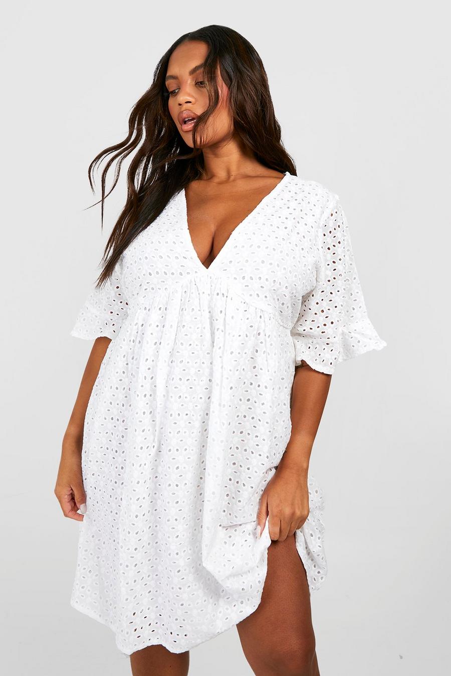 White Plus Broderie Smock Dress image number 1