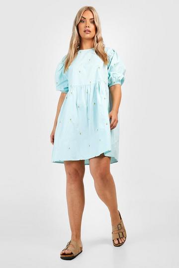 Blue Plus Floral Embroidered Poplin Smock Dress