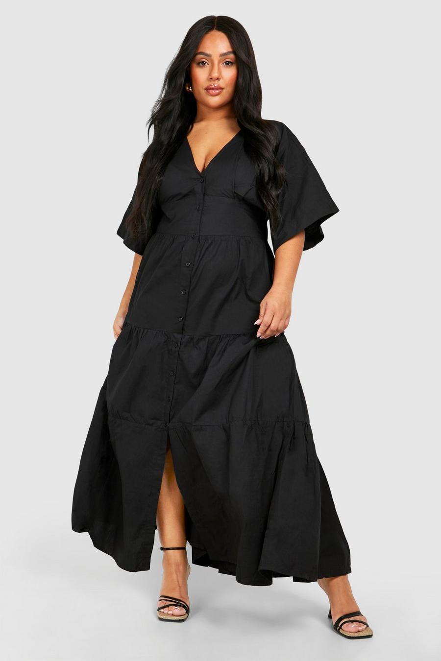 Black Plus Poplin Button Through Maxi Dress