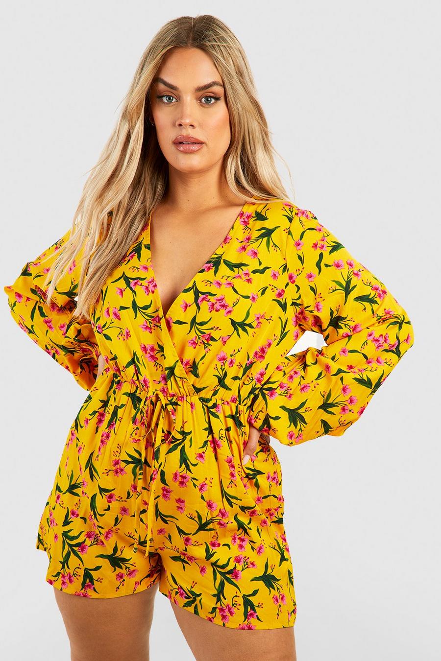 Yellow Plus Floral Plunge Tie Waist Playsuit image number 1