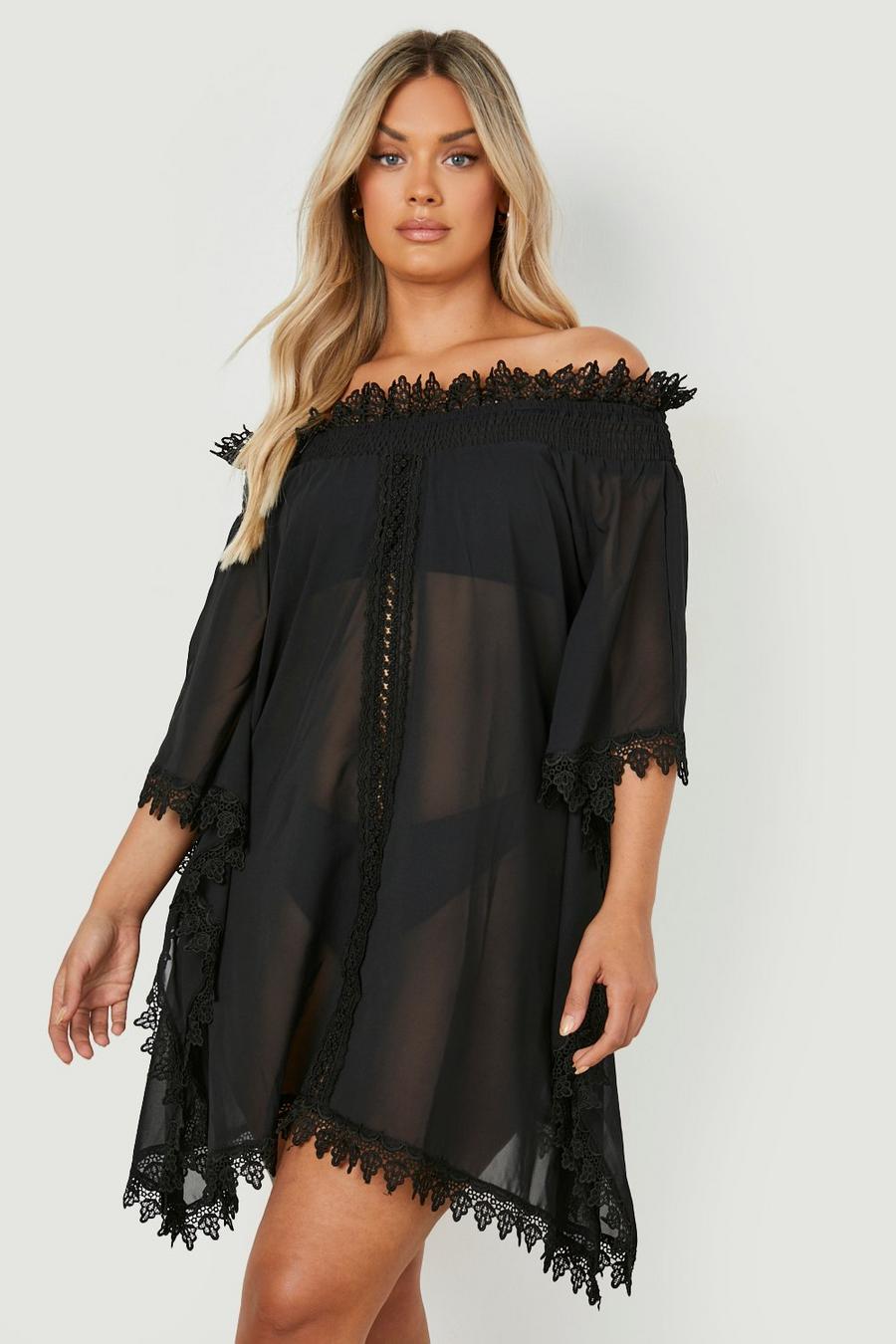 Black Plus Lace Trim Bardot Beach Dress image number 1