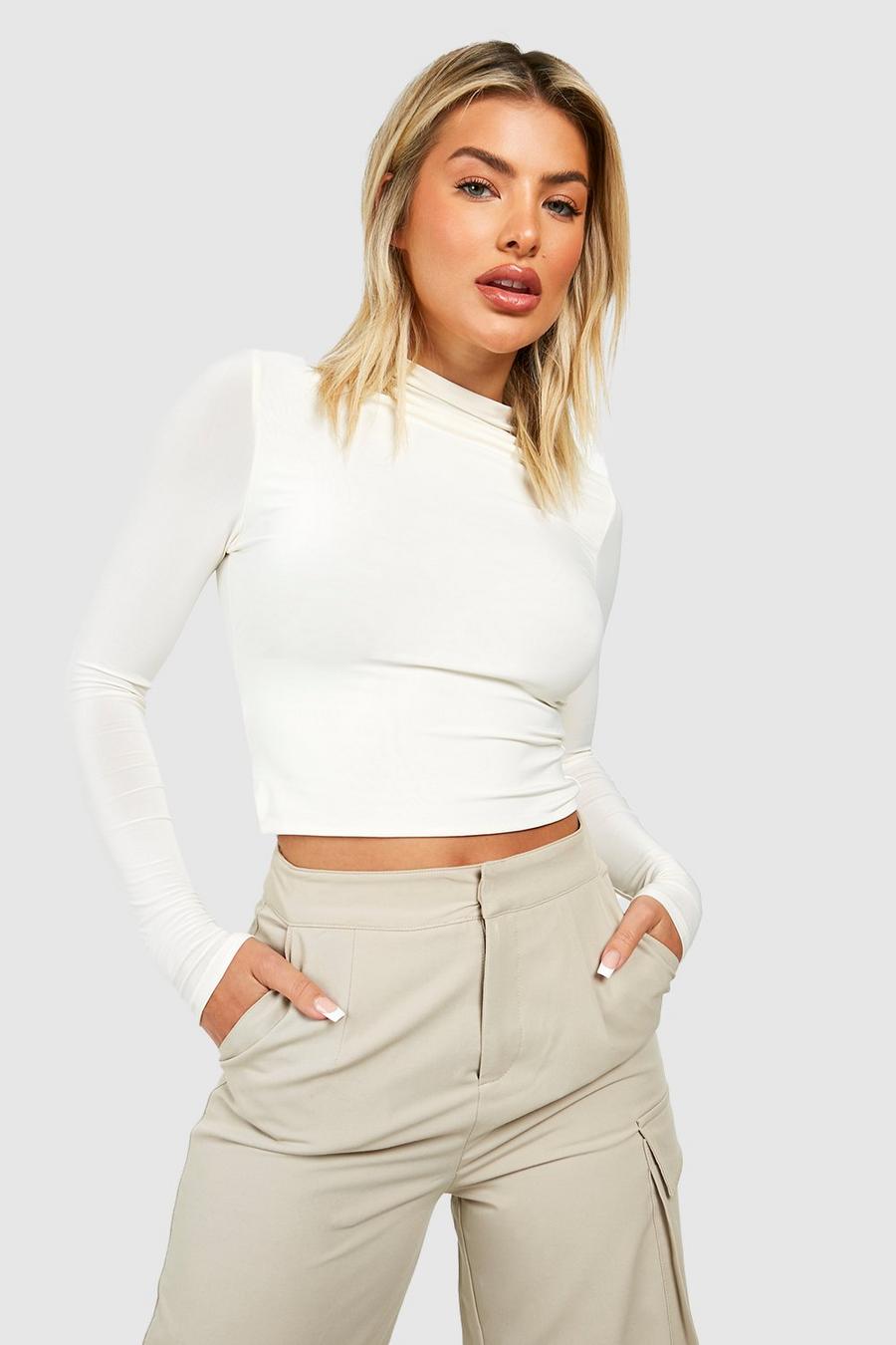 Ecru white Double Layer Slinky Square Neck Long Sleeve Top