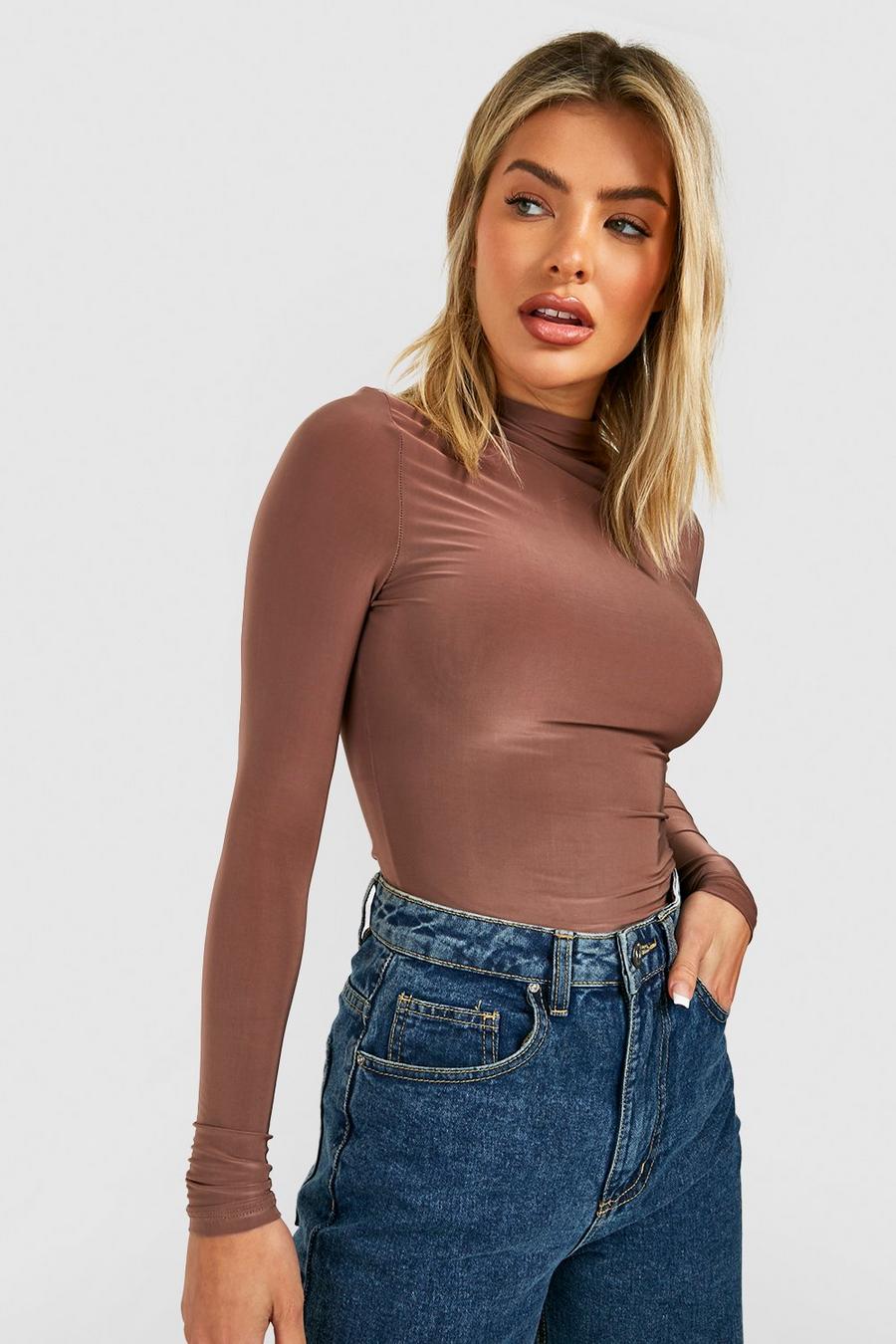 Mocha Double Layer Slinky Square Neck Long Sleeve Top image number 1