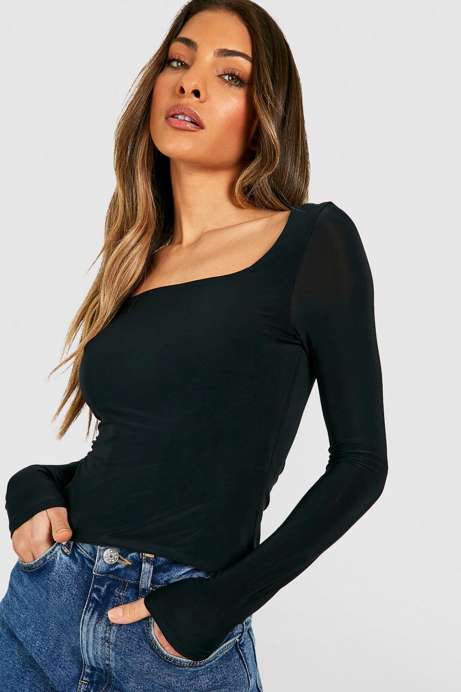 Women Sexy Crop Tops Long Sleeve Slim Fitting Low Cut Square Neck