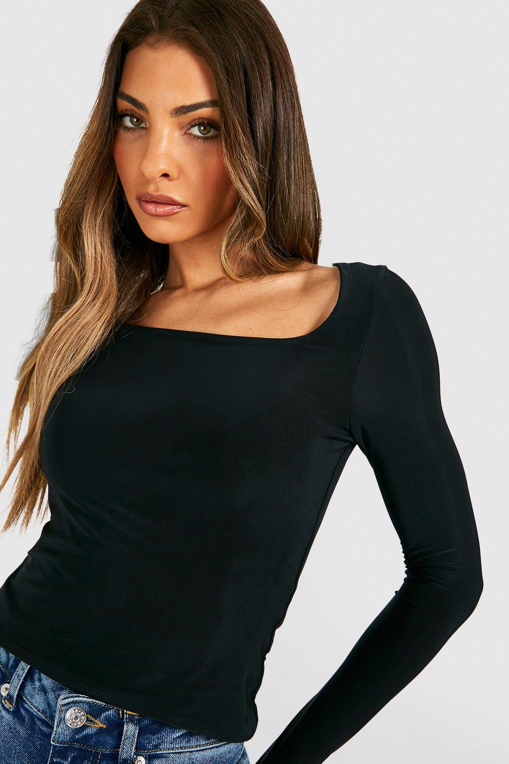 Black Double Layer Slinky Square Neck Long Sleeve Top