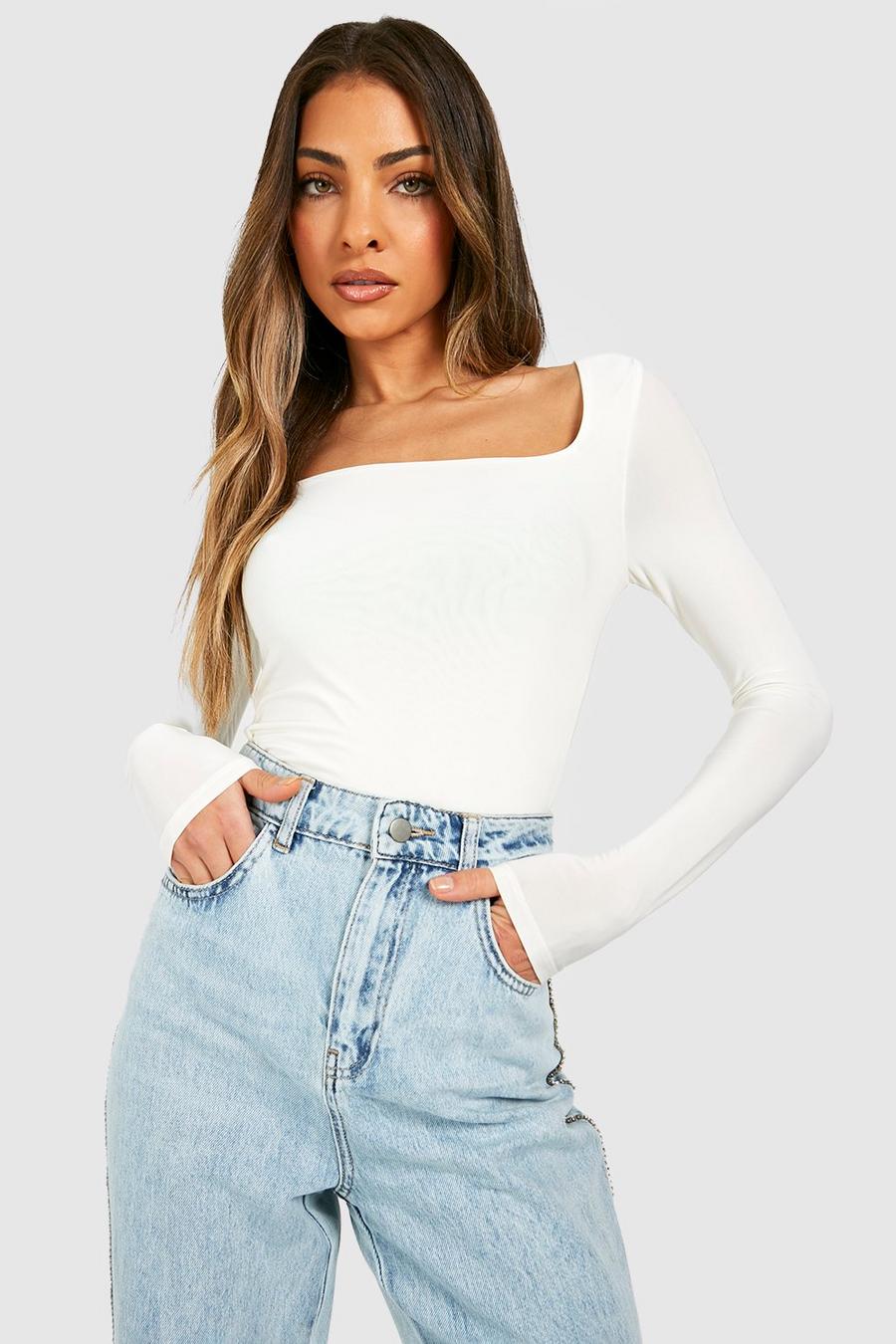 White Second Skin Square Neck Long Sleeve Crop Top