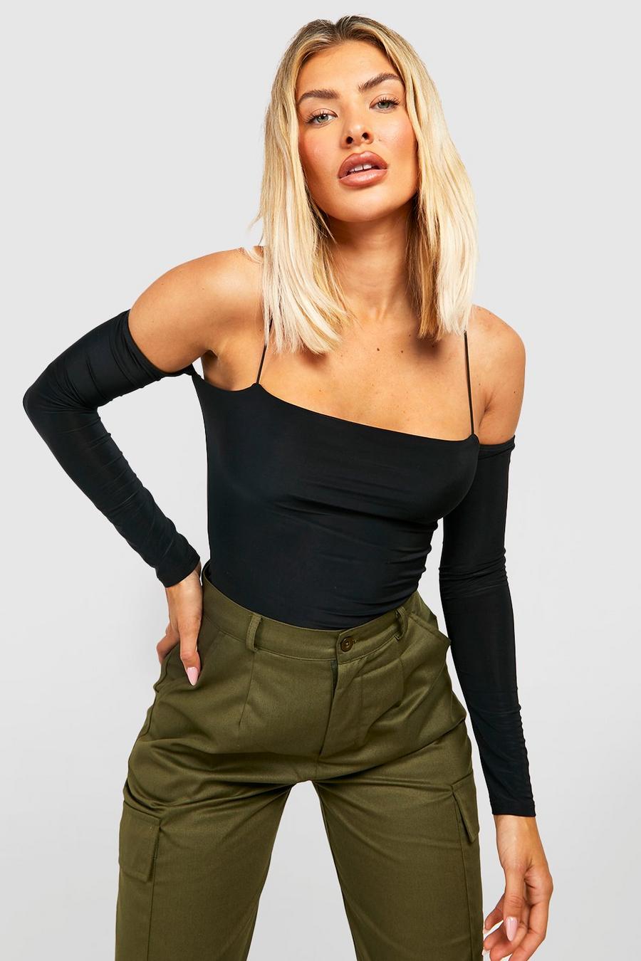 Black Double Layer Slinky Strappy Long Sleeve Top image number 1