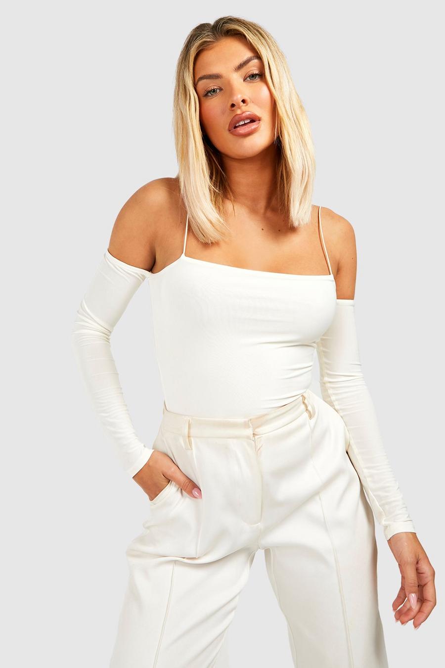 Ecru white Double Layer Slinky Strappy Long Sleeve Top