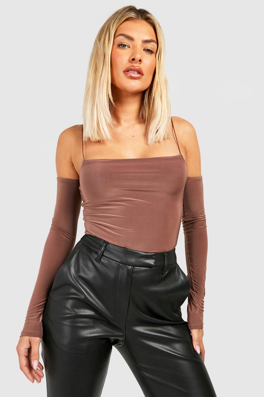 Mocha Double Layer Slinky Strappy Long Sleeve Top image number 1