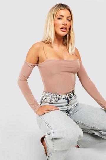 Double Layer Slinky Strappy Long Sleeve Top taupe