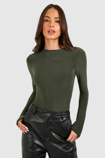 Double Layer Slinky Long Sleeve Crew Neck Bodysuit khaki