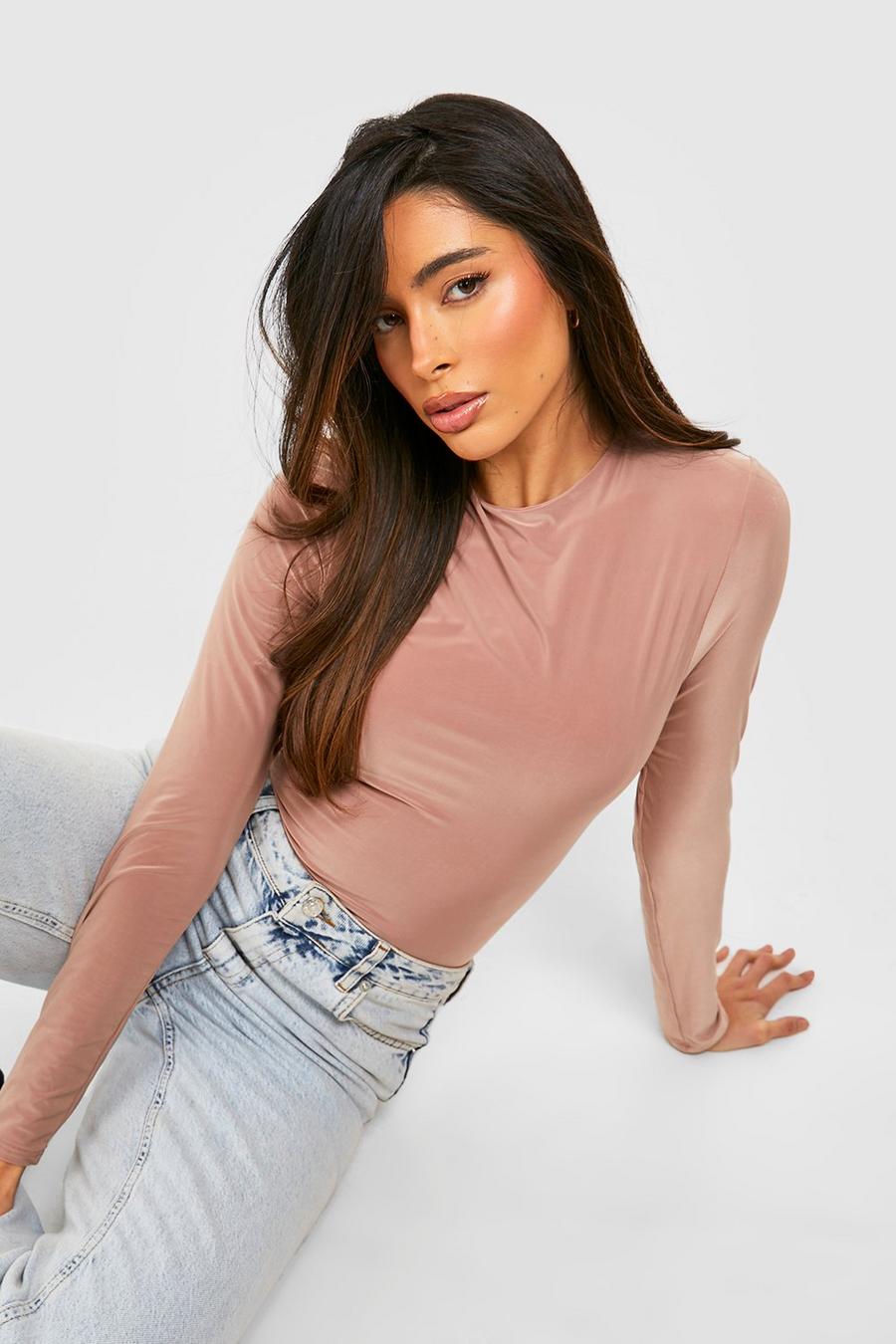 Taupe Double Layer Slinky Long Sleeve Crew Neck Bodysuit image number 1