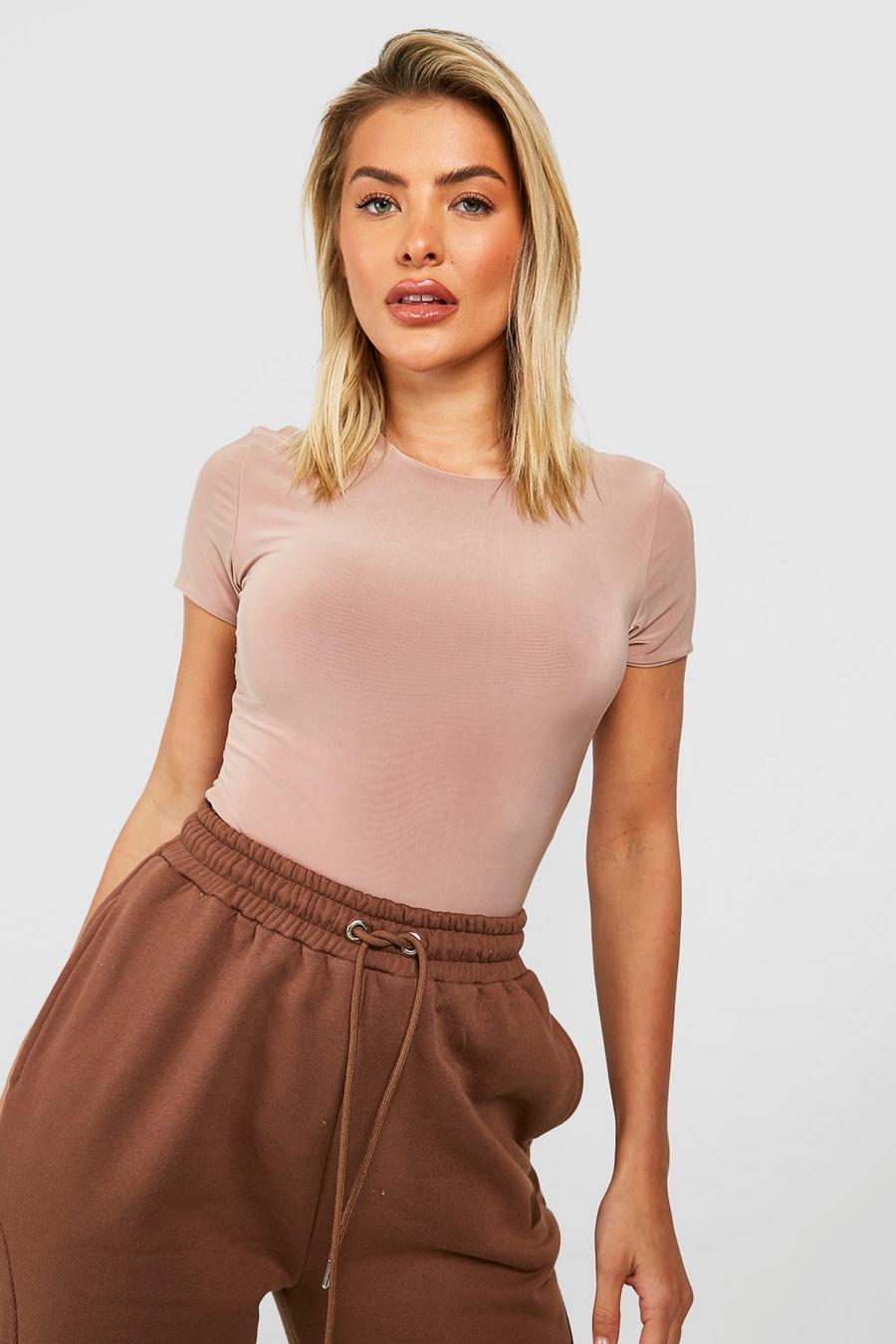 Taupe Double Layer Slinky Short Sleeve Bodysuit image number 1