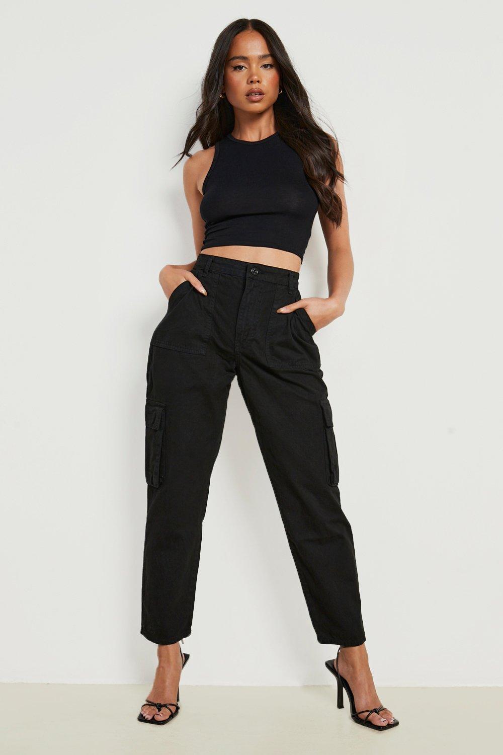 Black Straight Leg Cargo Pants, Womens Trousers