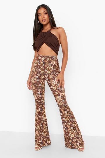 Petite Jersey Jaren 70 Bloemen Broek Met Wijde Pijpen chocolate