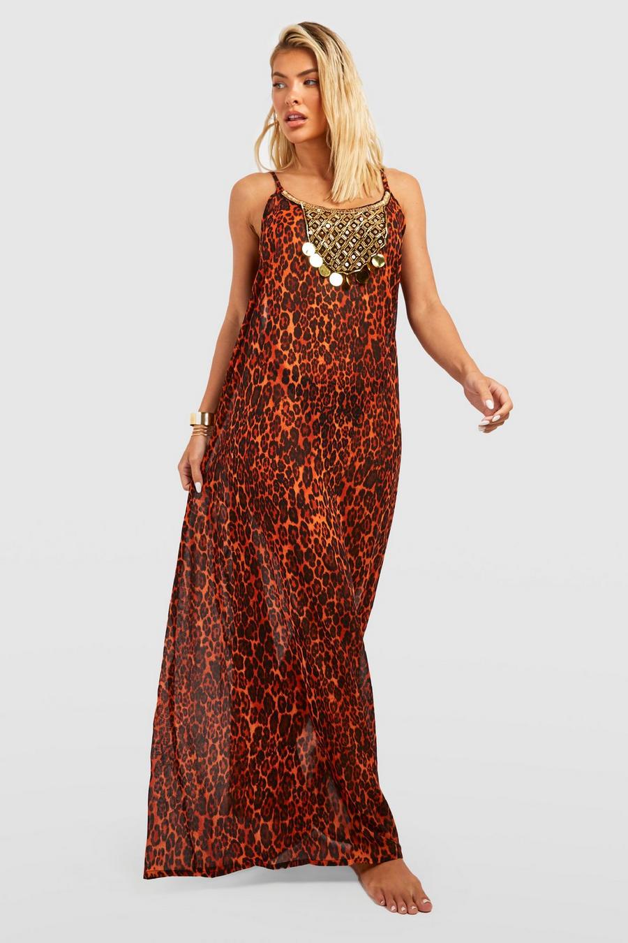 Leopard Print Beaded Beach Maxi Dress image number 1