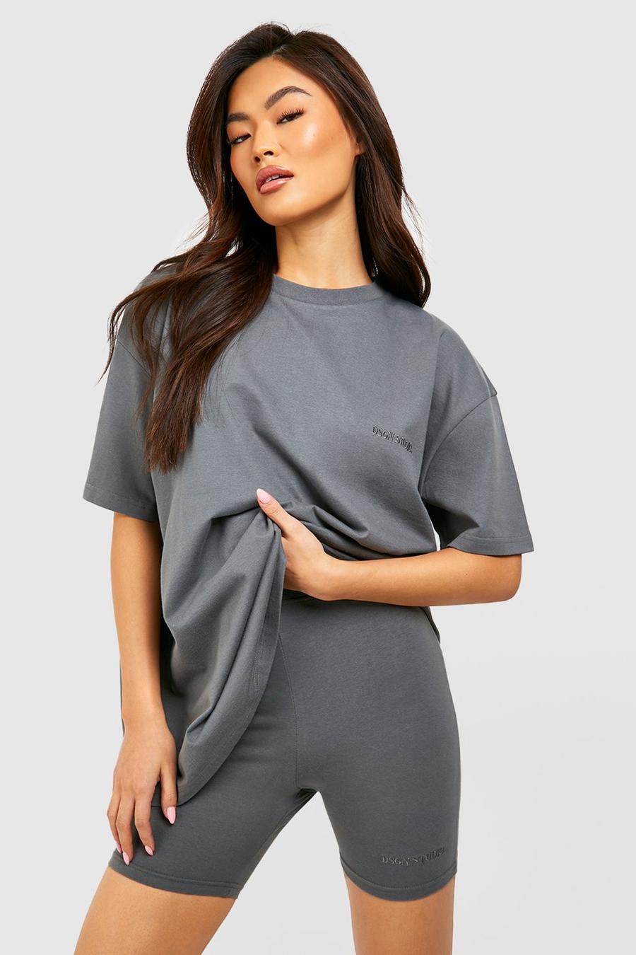Charcoal Oversized T-Shirt And Cycling Short Set image number 1