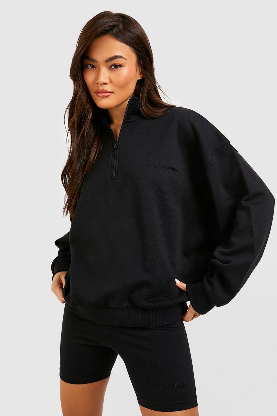 Oversize Sweatshirt mit halbem Reißverschluss und Radlershorts, Black