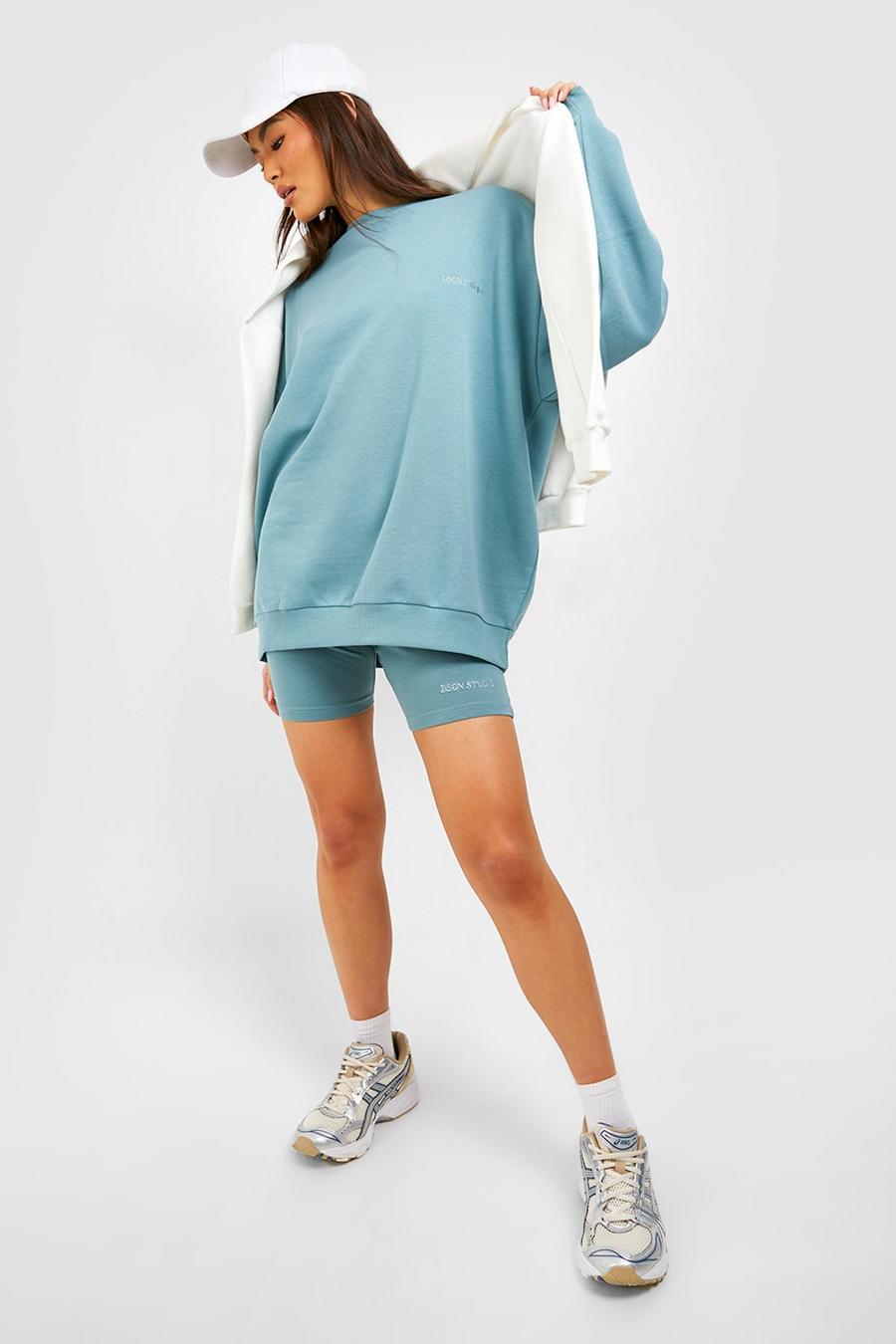 Blue Oversized Sweater And Cycling Short Set image number 1