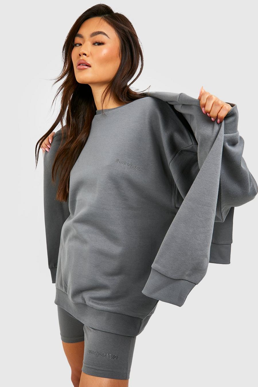 Charcoal Oversized Sweater And Cycling Short Set image number 1