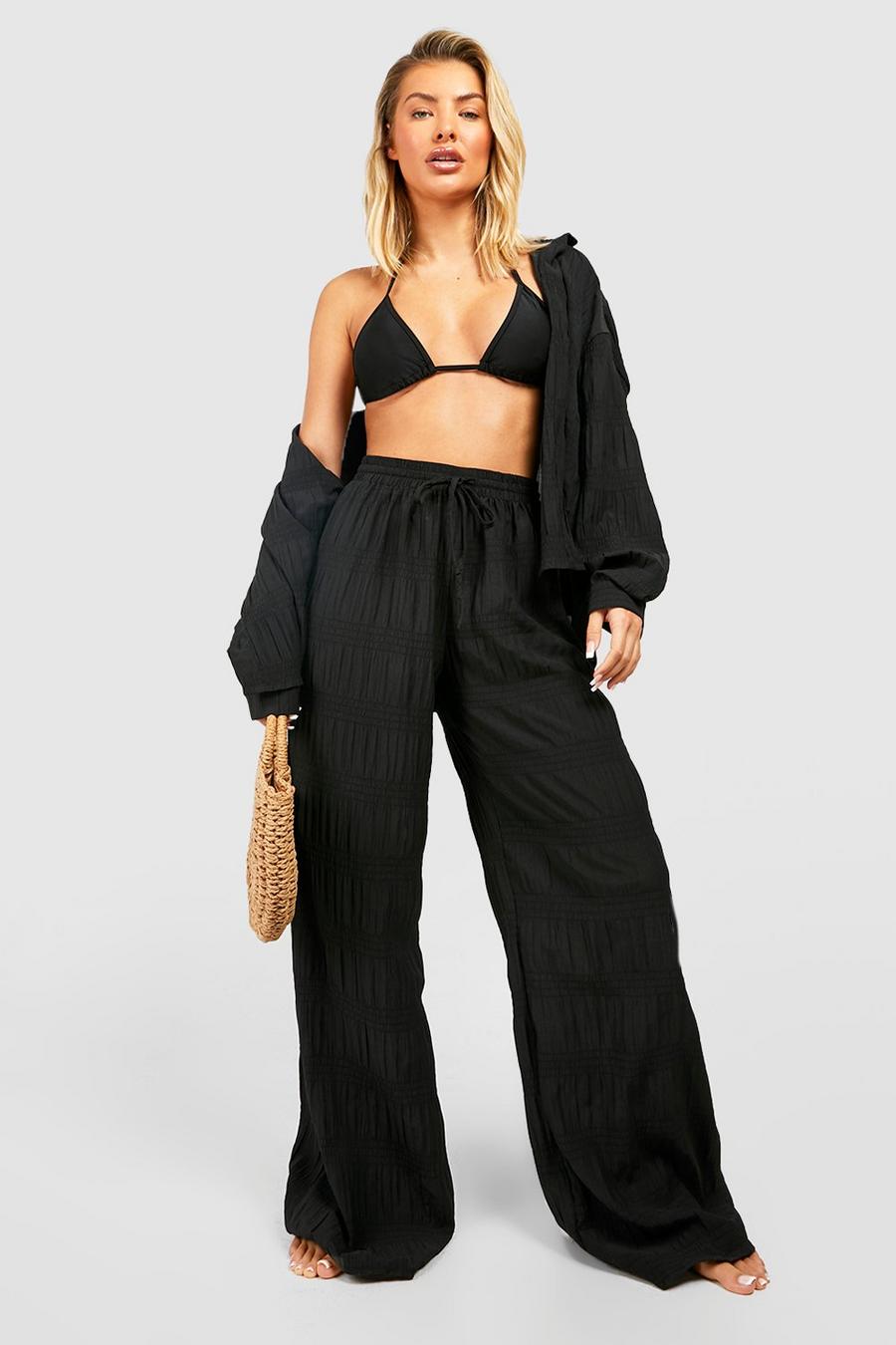Black Shirred Crinkle Palazzo Beach Trousers image number 1