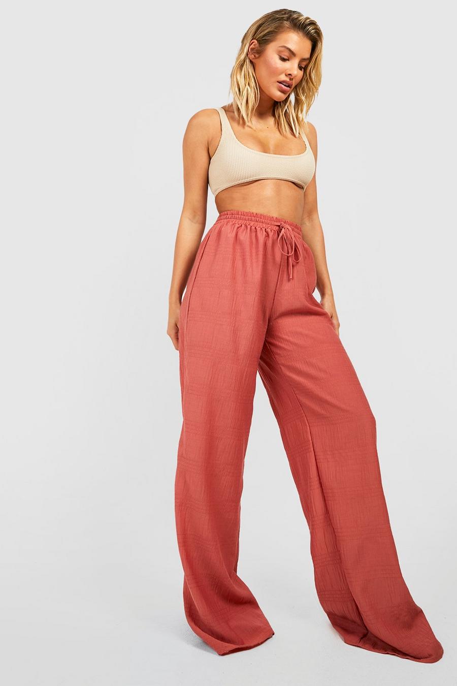 Mocha Shirred Crinkle Palazzo Beach Trousers image number 1