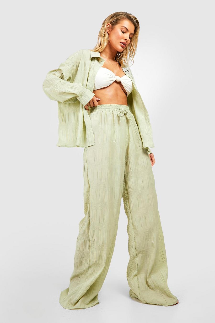 Sage Shirred Crinkle Palazzo Beach Trousers image number 1