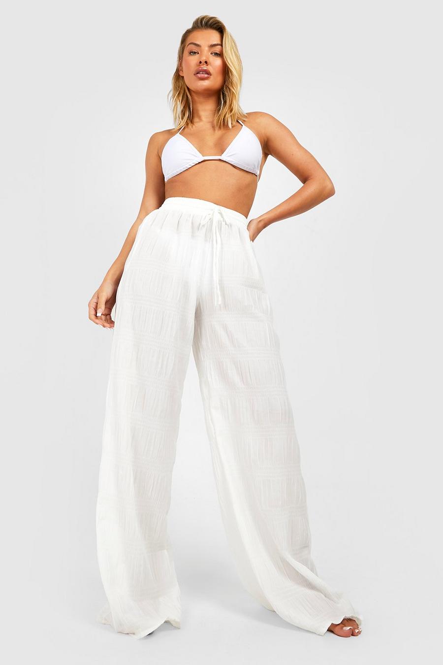 White Shirred Crinkle Palazzo Beach Pants image number 1
