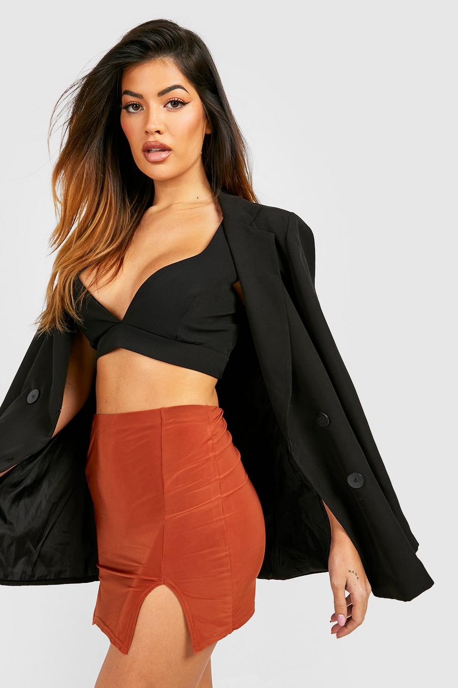 Burnt orange Slinky Basics Split Front Mini Skirt image number 1