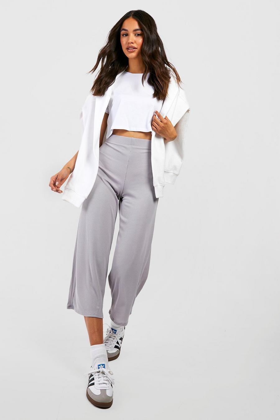 Grey Basic Ribbed High Waisted Culotte Pants image number 1
