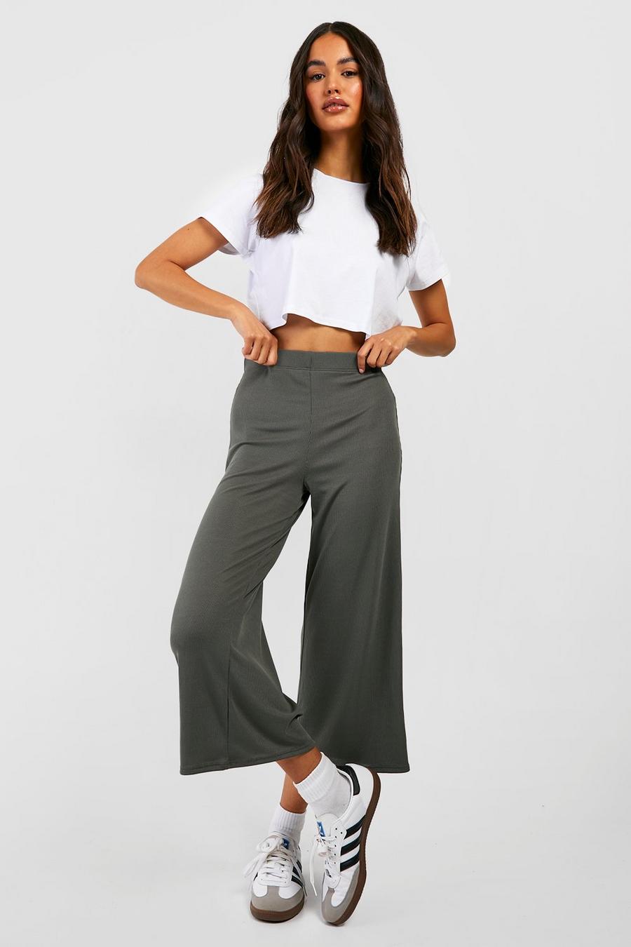 Khaki Basic Ribbed High Waisted Culotte Trousers image number 1