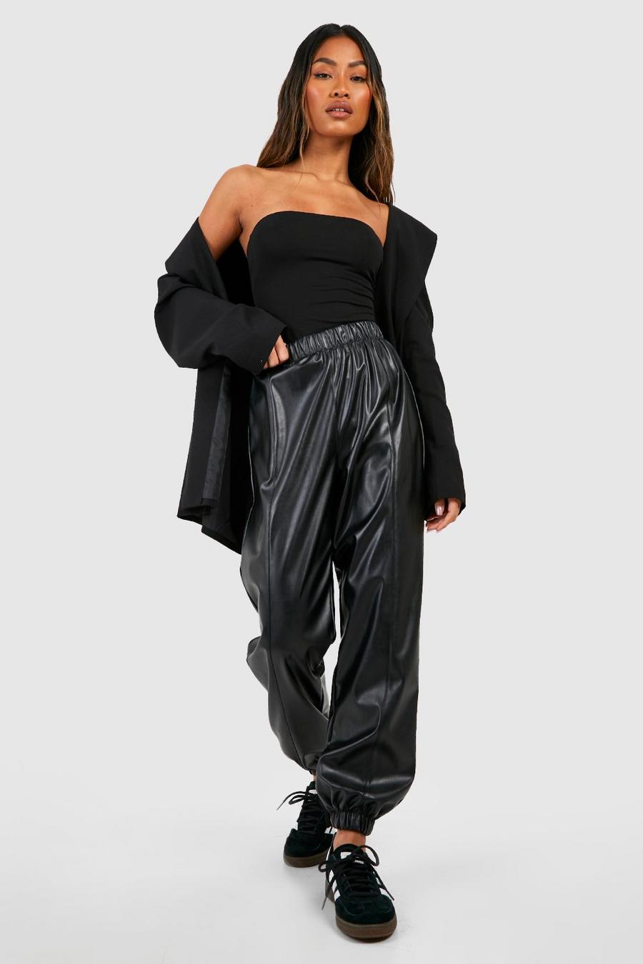 Black High Waisted Leather Look Cargo Track Pants image number 1