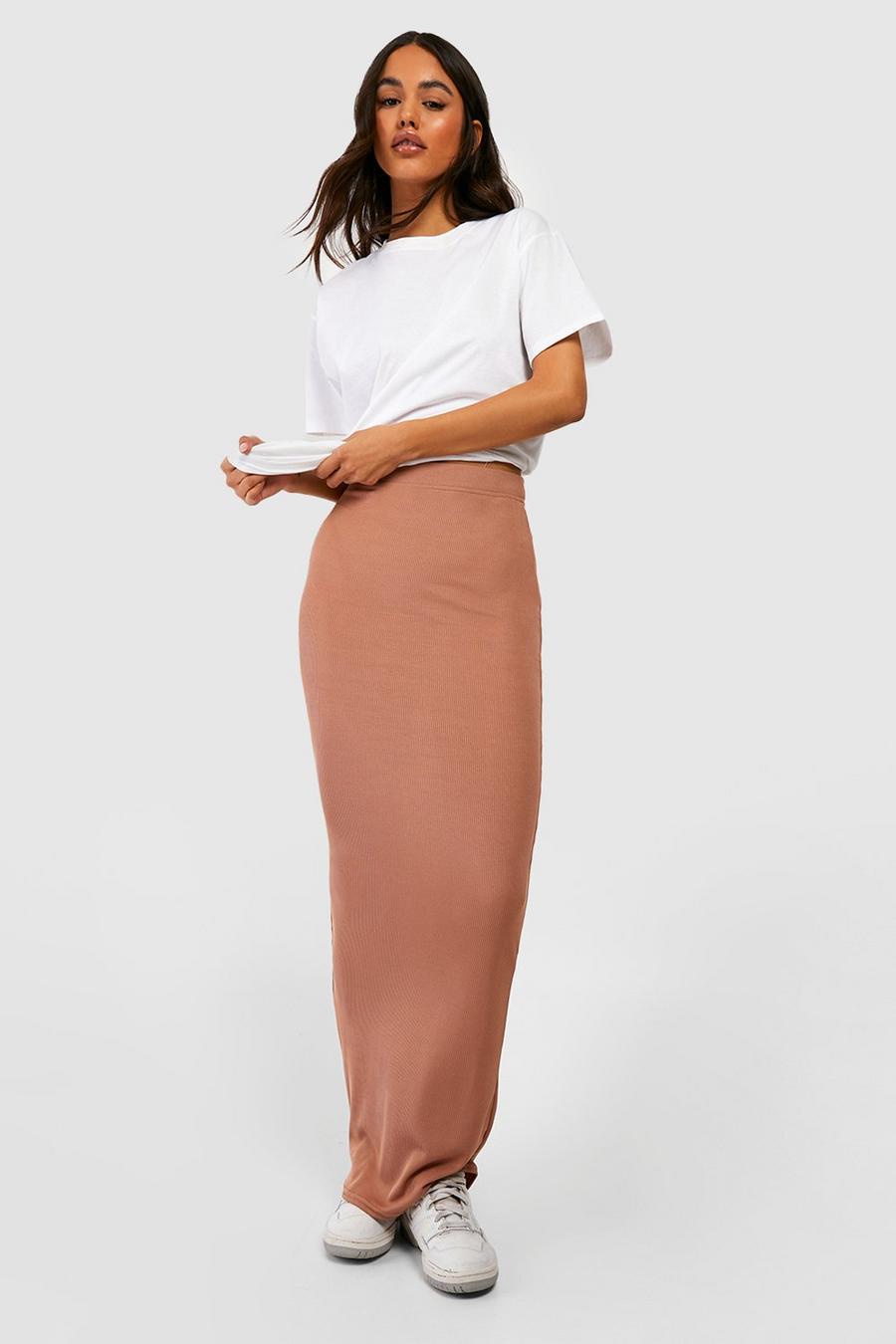 Camel beige Basic Ribbed Floor Length Maxi Skirt