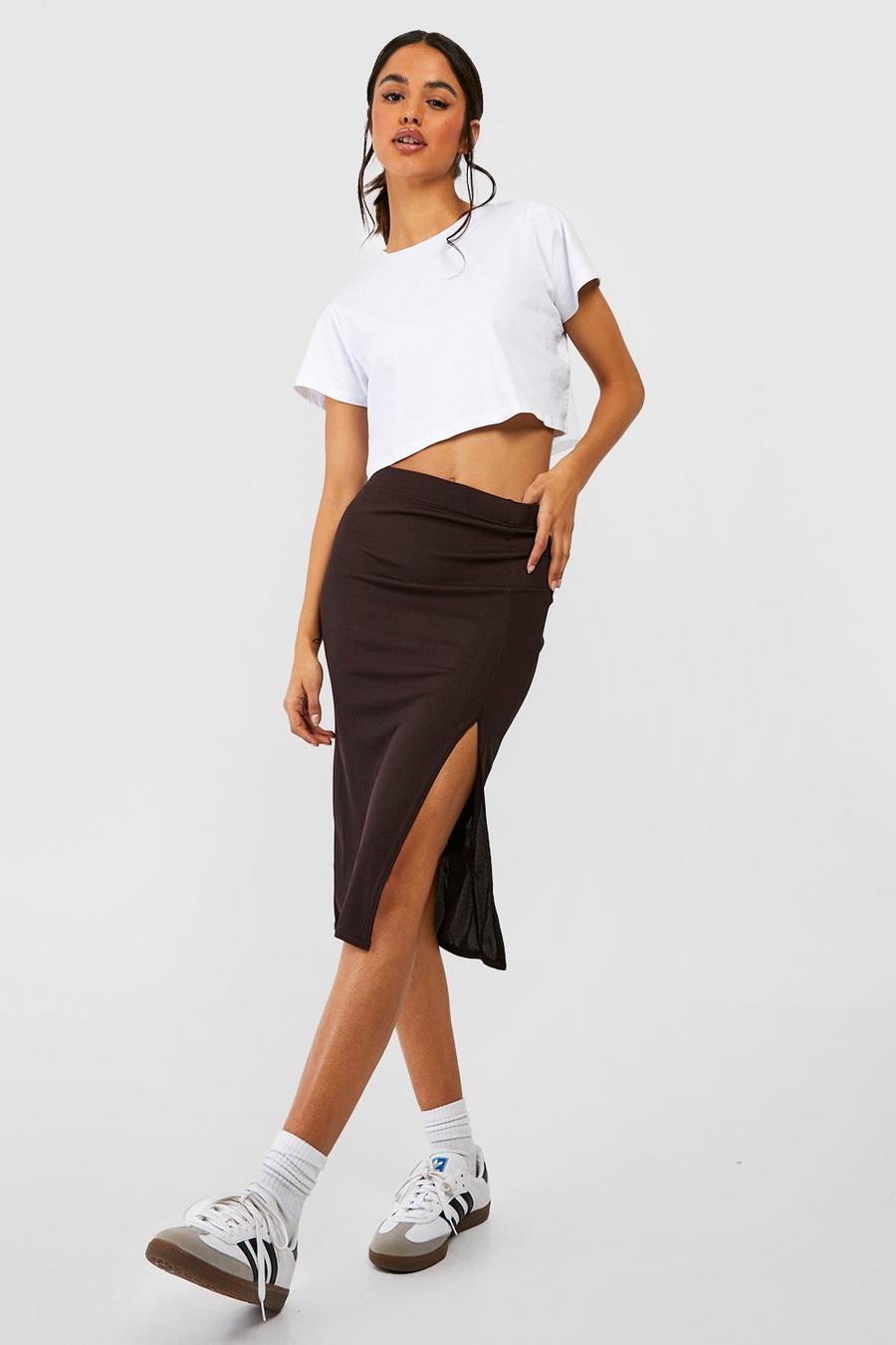 Chocolate brown Basic Ribbed Split Midi Skirt image number 1