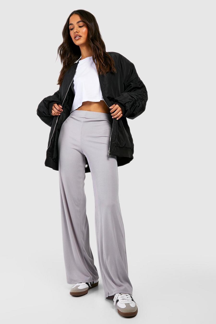 Grey Basic Ribbed High Waisted Wide Leg Trousers image number 1