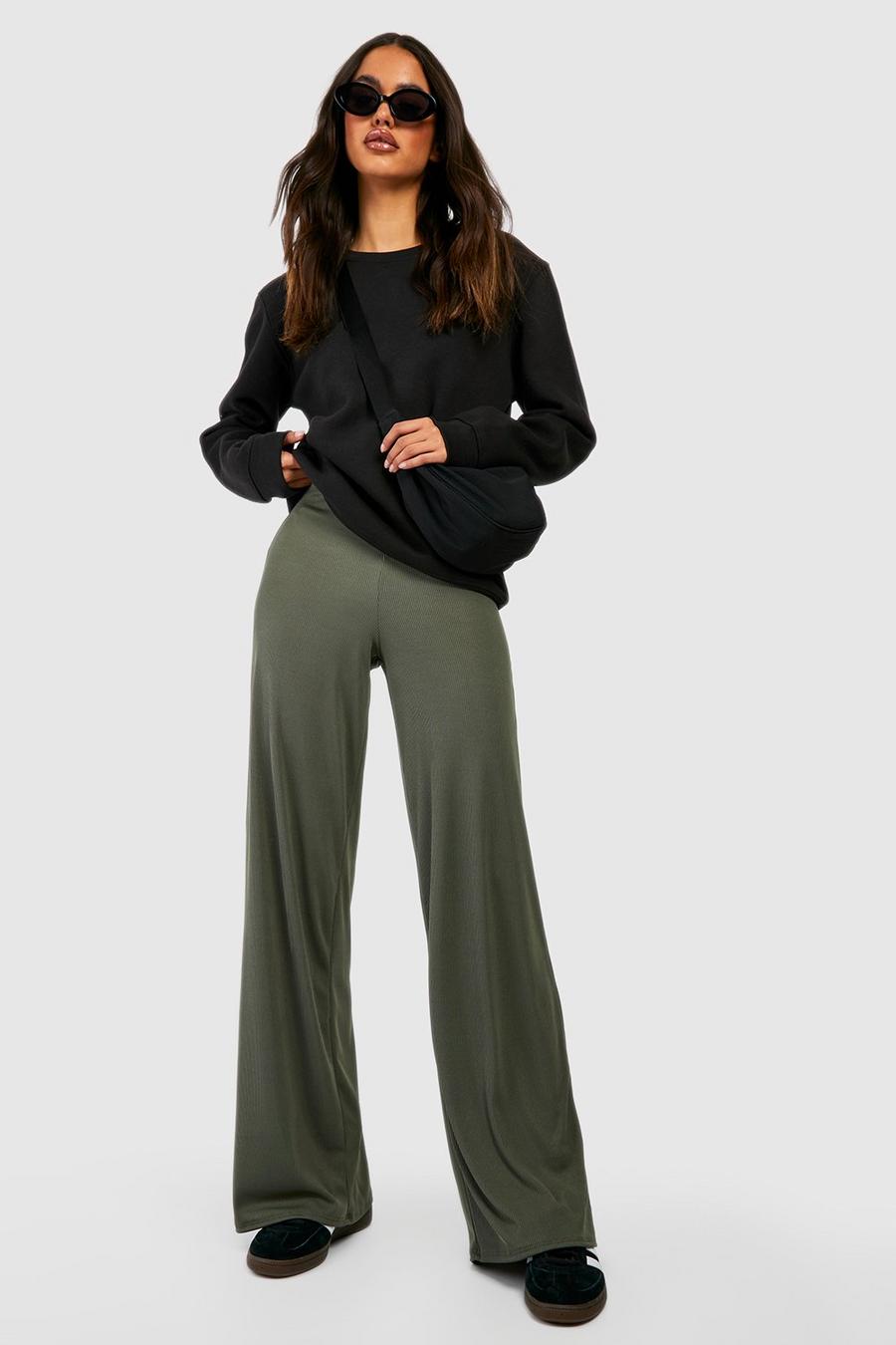 Pantalon large taille haute côtelé, Khaki image number 1