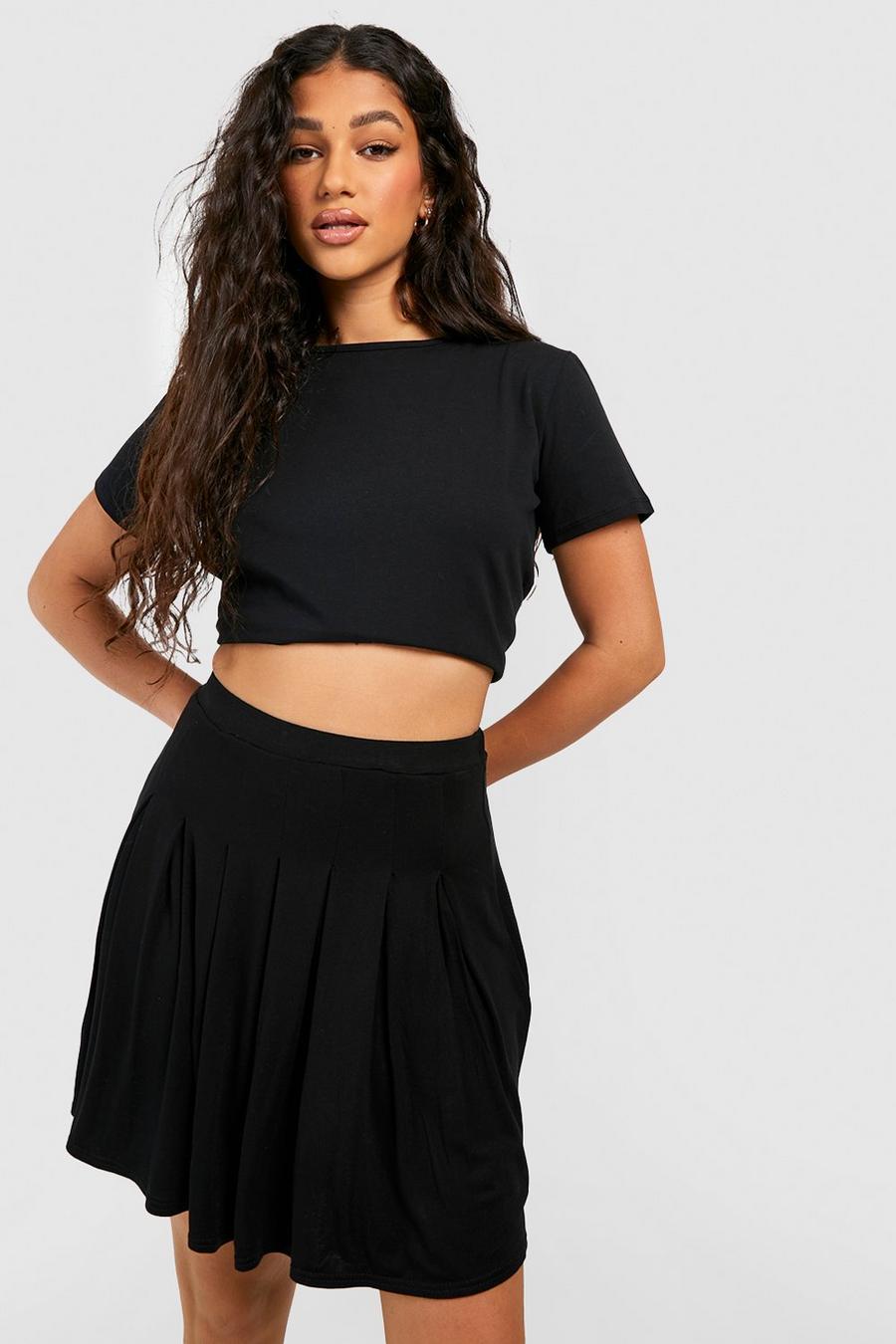 Black Jersey Knit Pleated Tennis Skirt