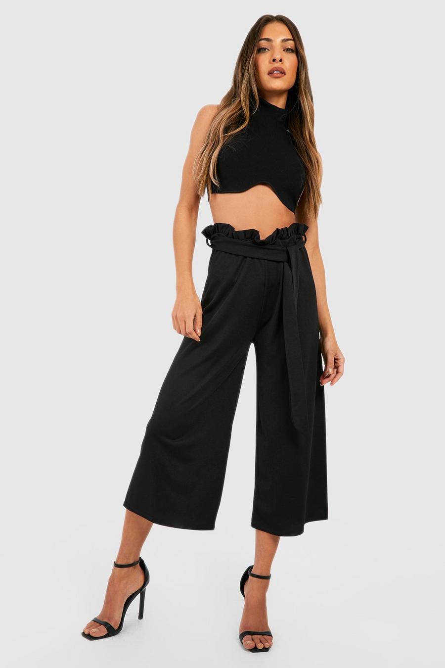 Black Crepe High Waisted Paperbag Culotte Trousers image number 1