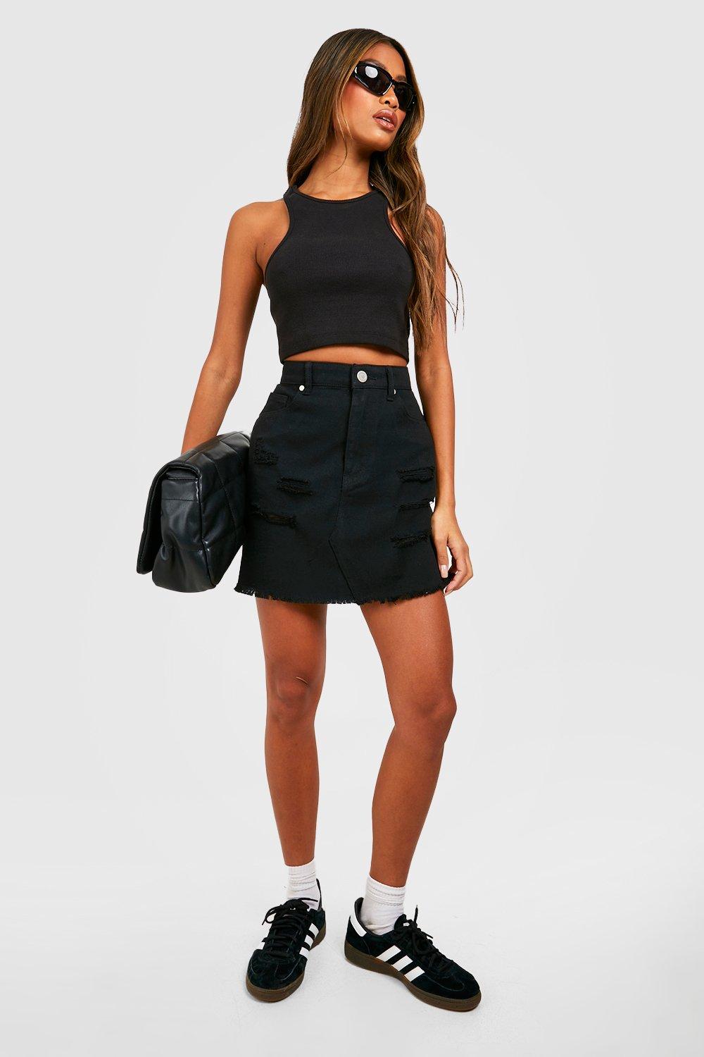 High Waisted Ripped Denim Skirt boohoo