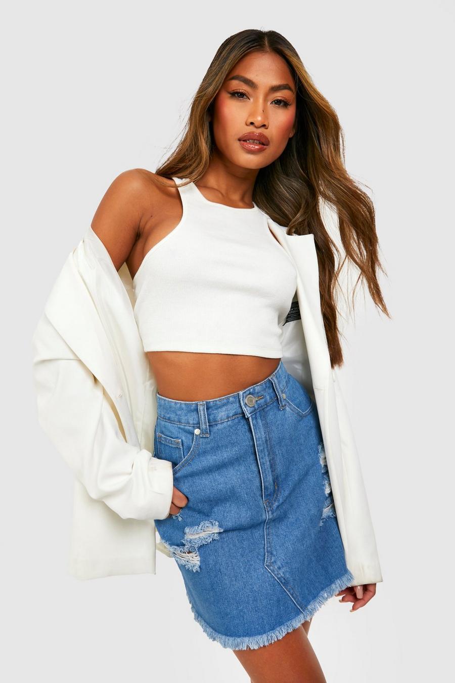 Mid wash High Waisted Ripped Denim Skirt image number 1